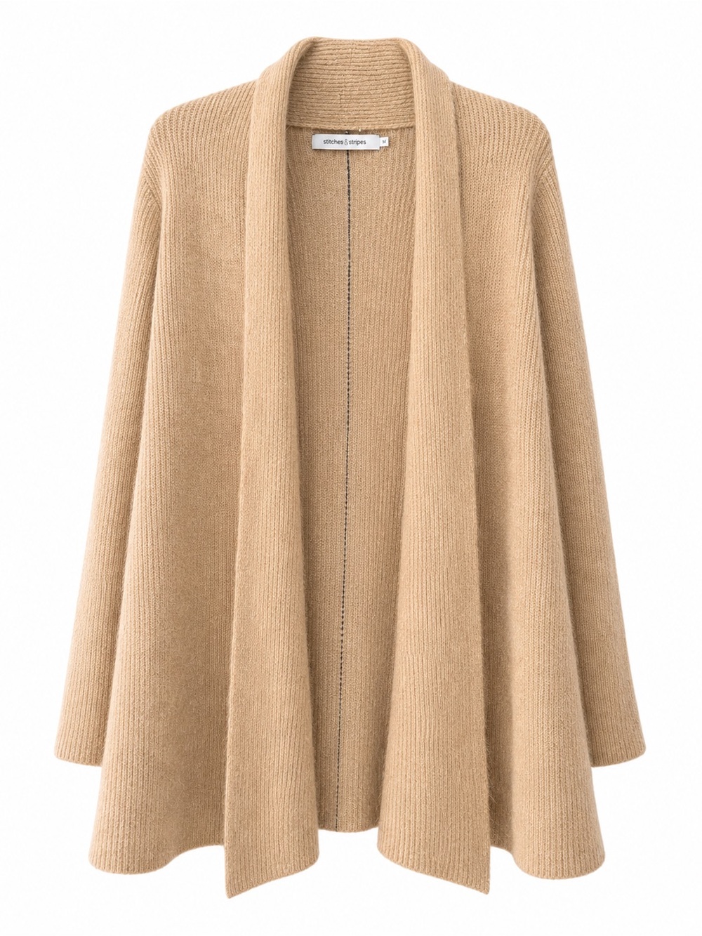 Beige Open-Front Ribbed Cardigan Sweater